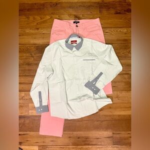 Bundle Saks Fifth Avenue BLUE Pants 34/34 & RED Shirt L. Shirt in EUC.